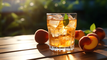 Wall Mural - Refreshing summer cocktail with ice and peaches on wooden table outdoors