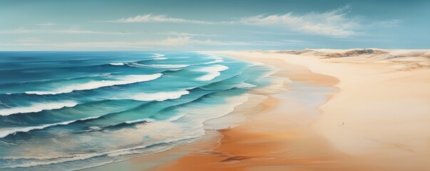  Orange sand near blue clear water beach, travel aerial view, summer panorama wallpaper. Generative Ai.