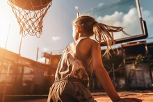 Portrait Of Teen Girl Plays In Basketball.