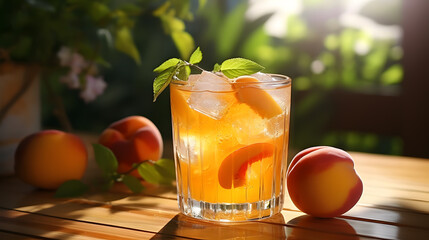 Wall Mural - Refreshing summer cocktail with ice and peaches on wooden table outdoors