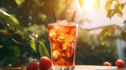 Wall Mural - Refreshing summer cocktail with ice and peaches on wooden table outdoors