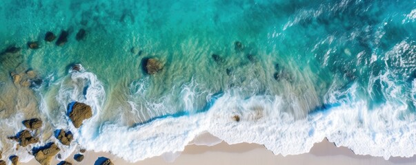 White sand near blue clear water beach, travel destination aerial view, summer panorama wallpaper. Generative Ai.