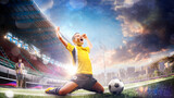 Fototapeta Sport - Children professional soccer player selebrates victory with coach