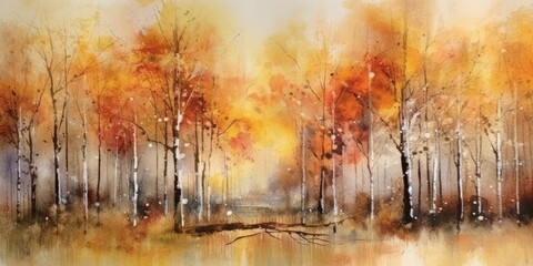Wall Mural - watercolor painting depicting an autumn rain shower showcases a landscape enveloped in mist and raindrops, with the colors blending and diffusing on the paper  Generative AI Digital Illustration