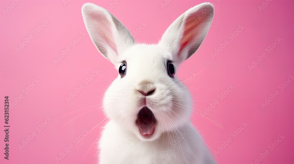 Portrait of a white cute rabbit with surprised expression on a pink ...