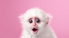 Portrait Of A White Cute Baby Monkey With Surprised  Expression On A Pink Background,Generative AI