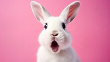 Portrait Of A White Cute  Rabbit With Surprised  Expression On A Pink Background,Generative AI