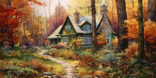 Watercolor Painting Depicting A Cozy Autumn Cottage Nestled In The Woods Cottage Is Surrounded By A Carpet Of Fallen Leaves, Their Vibrant Colors Adding Warmth To T  Generative AI Digital Illustration