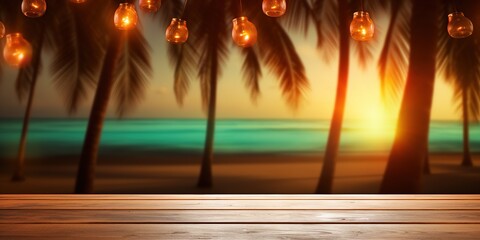 Sticker - Generative AI, Tropical summer sunset beach bar background. Wooden table top product display showcase empty stage..