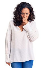 Canvas Print - Middle age beautiful woman wearing casual sweater feeling unwell and coughing as symptom for cold or bronchitis. health care concept.