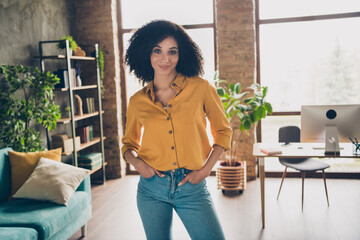 Poster - Portrait of elegant pretty positive corporate lady put hands pockets posing business center office room inside