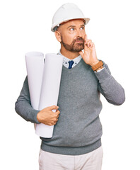 Poster - Handsome middle age man holding paper blueprints serious face thinking about question with hand on chin, thoughtful about confusing idea