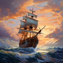 Sailing Ship In The Ocean, Ai Generated