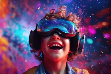 Excited child or kid wearing VR headset with a big smile on face, enjoying a virtual reality experience that sparks wonder and joy. Generative AI