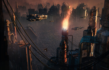 Wall Mural - futuristic city, science fiction scene. 3d illustration
