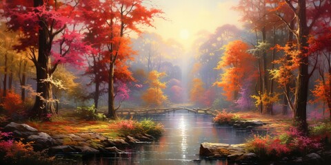   breathtaking fall scene set in a beautiful autumnal park. The landscape is a tapestry of nature's beauty, with majestic trees adorned with vibrant leaves  Generative AI Digital Illustration