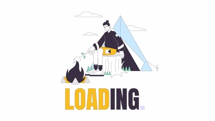 Fototapete - Camping with toasted marshmallow line 2D loading animation. Male hiker animated cartoon outline character 4K video loading motion graphic. Hiking in the fall. Forest vacation download process gif