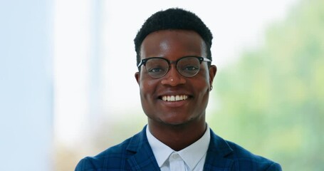 Canvas Print - Happy, smile and face of a businessman in the office with confidence, success and leadership. Happiness, excited and portrait of African male lawyer with a positive mindset standing in the workplace.