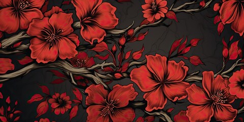 Wall Mural - AI Generated. AI Generative. Red asian chinese japanese traditional vintage retro classic flowers. Background graphic pattern background decoration. Graphic Art