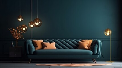 living room interior mock up blue sofa against blue colour wall backdrop home interior in daylight background,generative ai