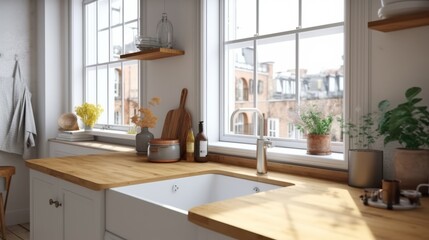 Sticker - kitchen design home interior design concept kitchen sink with light from window house beautiful design background,Created with Generative AI Technology.