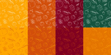 Set Of Autumn Hand-drawn Pattern On Assorted Fall Colors. Autumn Leaves, Maple Leaves, Acorn, Pumpkin. Fall Pattern Vector Illustration. EPS 10.