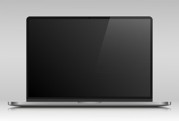 Fototapete - Realistic layout of a modern laptop in a silver metal case. A laptop with an empty black screen on a gray gradient background. Vector illustration.
