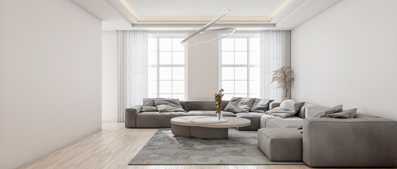 Poster - Living room interior is modern style, minimal, peaceful relaxation, wooden floor, creamy white wall, comfortable sofa, carpet, pillow, coffee table, vase, lamp. Natural light from window. 3D render.