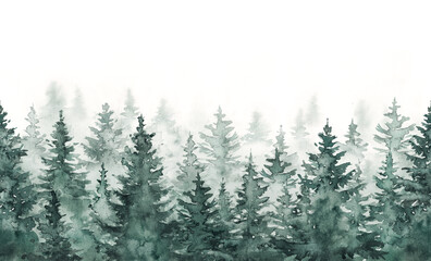 Wall Mural - hand painted watercolor illustration, seamless pattern of misty forest
