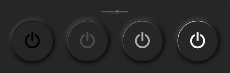 Poster - A set of four black round buttons with backlight and power symbols. User interface elements for mobile devices in the style of neumorphism, UI, UX. Vector illustration.