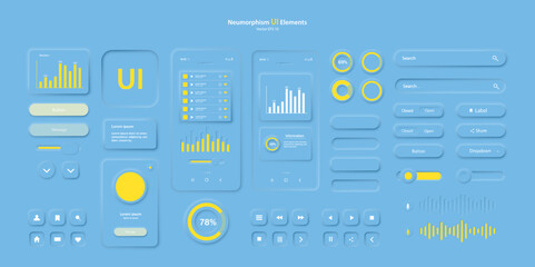 Poster - A set of user interface elements for a mobile application in blue. A set for developing a modern website or mobile application in the Neumorphism style. Vector EPS 10.