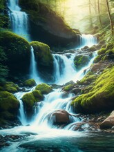 Stream Of Water Running Over Cascades And Small Waterfalls In Forest Generative AI