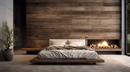 Wooden bed against of reclaimed barn wood paneling wall. Loft interior design of modern bedroom. ecological materials, relaxation, happiness and rest on vacations and travelling concept. Generative AI