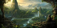 Ancient And Overgrown Mayan Temple Ruins In The Jungle, Lost Place In The Amazon Rainforest, Fictional Landscape Created With Generative Ai