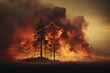 Waldbrand vor einzelnen schwarzen Bäumen, Ai generiert