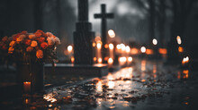 Bouquet Of Roses And Candles At The Cemetery During A Heavy Rain