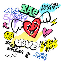 Street graffiti lettering elements in the grunge style with tags, drips and blobs. Urban savage spray paint art. Set creative vector design teenage graffiti cartoon for tee t shirt or sweatshirt.