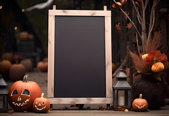 Wall Mural - halloween welcome signboard mockup with pumpkins, lantern and fallen leaves. black board with autumn