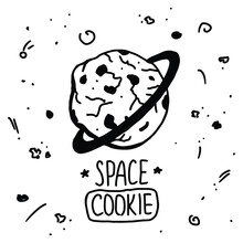 Cartoon Chocolate Space Cookie With Doodles. Vector Food Image With Planet