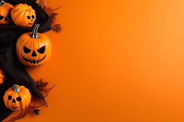 Wall Mural - happy halloween flat lay mockup with pumpkins and spiderweb on orange background. autumn holiday con