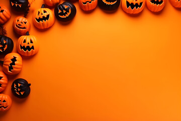 Wall Mural - happy halloween flat lay mockup with pumpkins on orange background. autumn holiday concept compositi