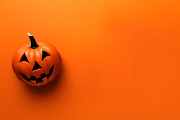 Wall Mural - happy halloween flat lay mockup with pumpkin on orange background. autumn holiday concept compositio