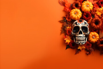 Wall Mural - happy halloween flat lay mockup with pumpkins, leaves and skull on orange background. autumn holiday