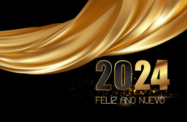 tarjeta o pancarta para desear un feliz año nuevo 2024 en negro y dorado con una cortina de tela de 