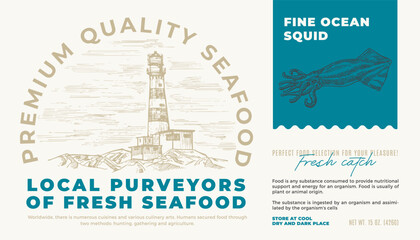 Wall Mural - Fine Ocean Seafood Product Abstract Vector Packaging Label Design. Modern Typography and Hand Drawn Squid Sketch Silhouette with Sea Lighthouse Background Layout