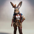 A hare captured in full form, her paw casually lowered, personifying the Steampunk style with her feminine grace and poise. Created with Generative AI technology.