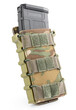 Military pouch in multicam camouflage with bullet magazine inside on white background. Military tactical gear.
