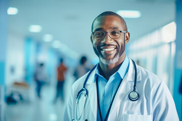 Portrait of African american doctor man with eyeglasses smiling at the hospital corridor. Generative AI.