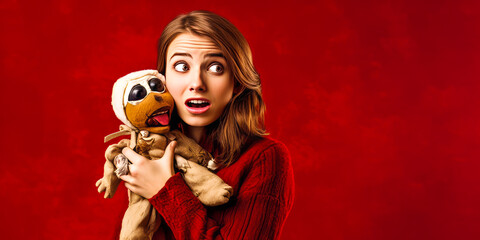 Amusing young woman recoiling in playful horror at sock puppet, portrayed against rich crimson background. Generative AI