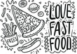 © alain_caster - Fast food doodle icons set with pizza, fries, hot dog, burger and hand drawing lettering. Love fast food vector line sketch for cafe menu, card, birthday card decoration